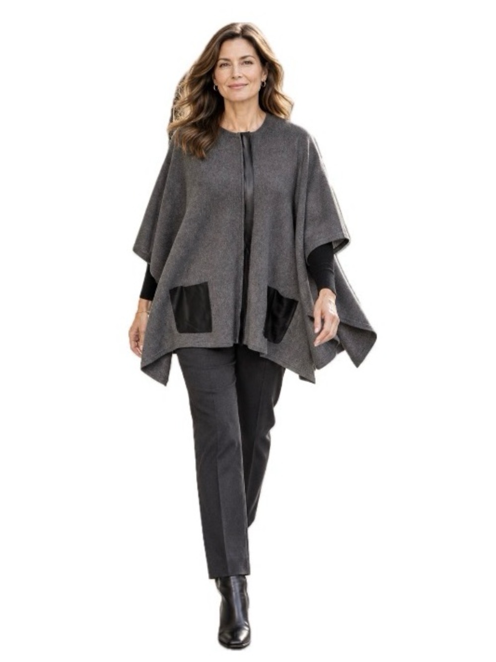 Calvin Klein,  Women's Zip Up Poncho with leather Black Accents, Size M